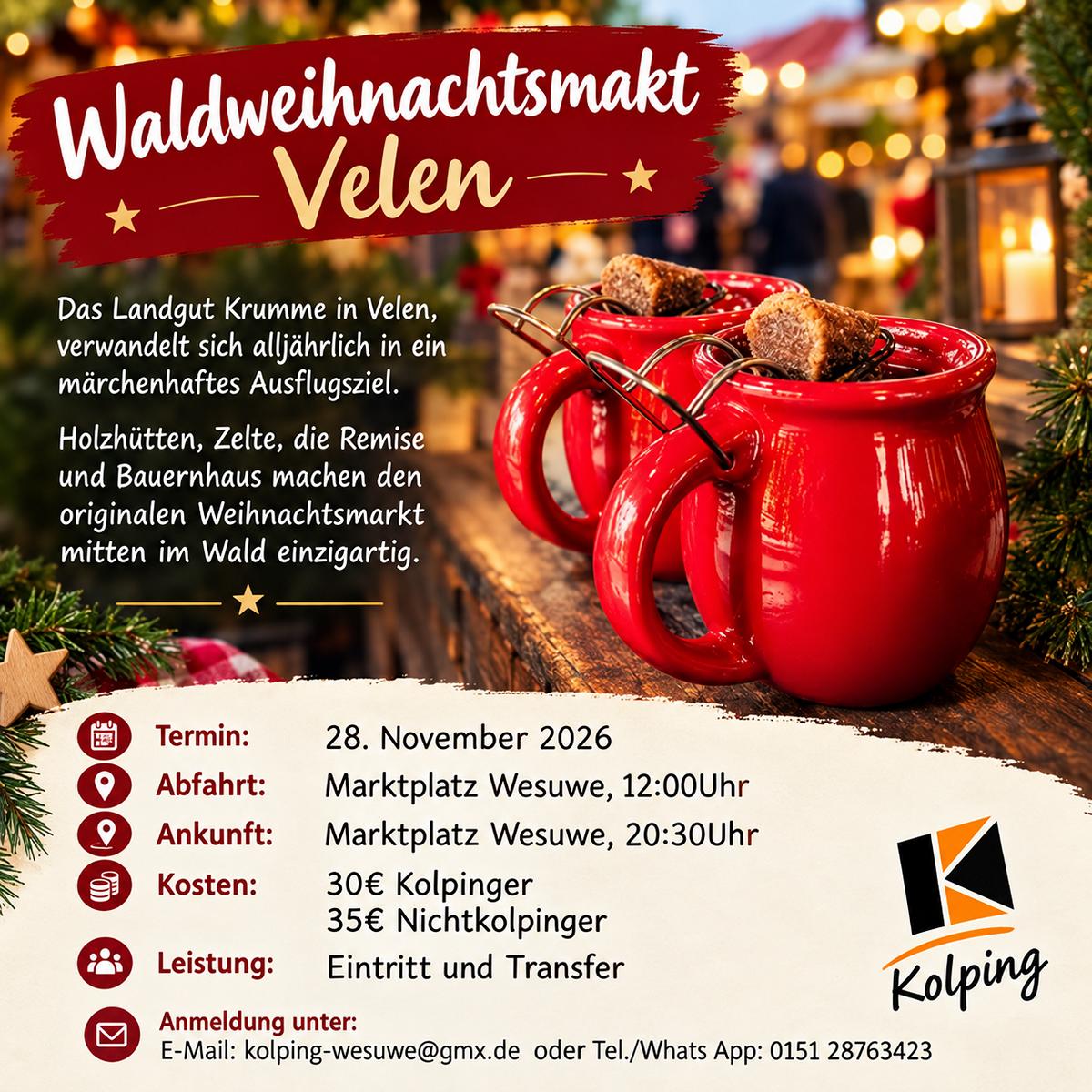 Sa., 28.11.2026, 12 Uhr Abfahrt Weihnachtsmarkt Velen Kolping Wesuwe