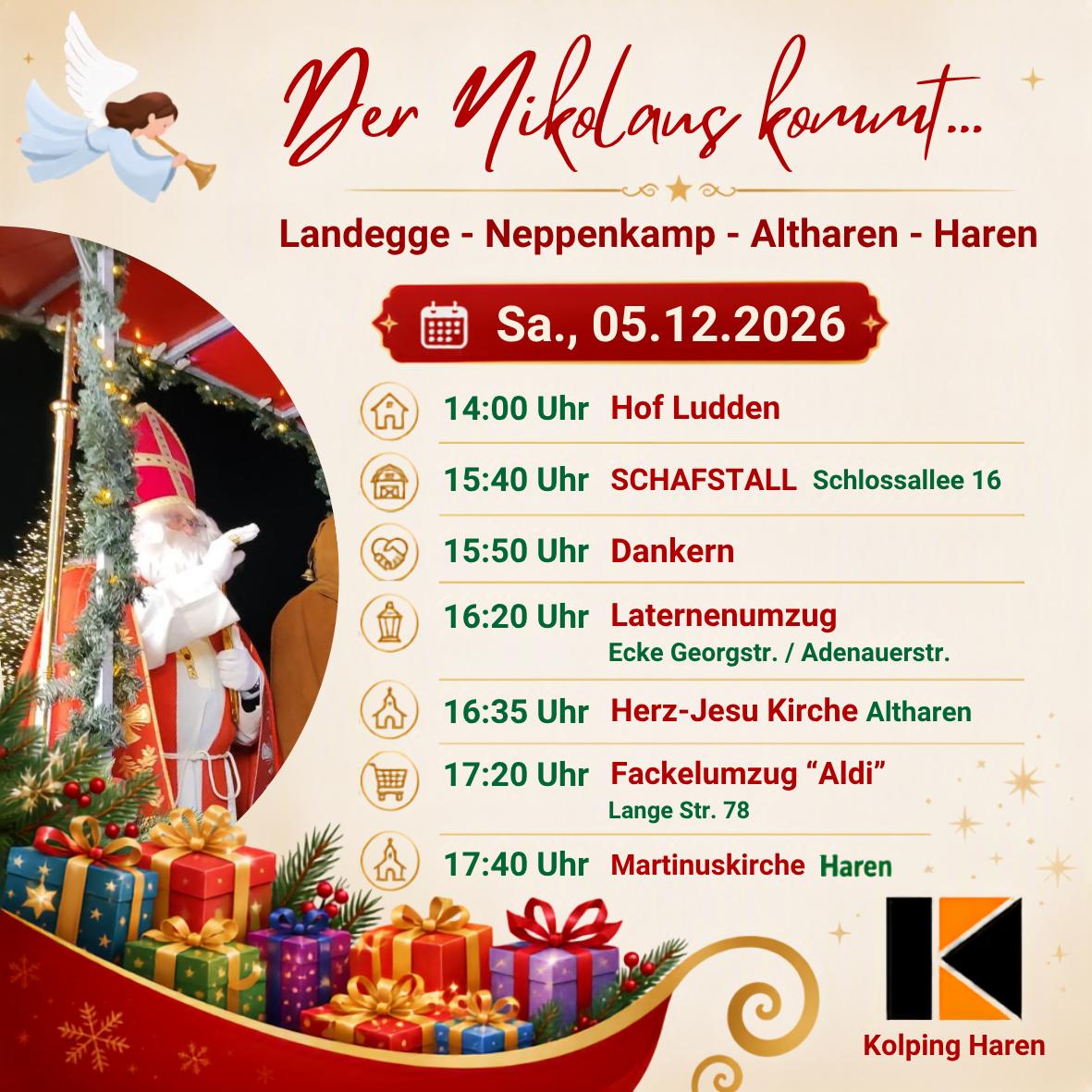 Sa., 05.12.2026, ab 14 Uhr besucht Nikolaus Altharen und Haren. 