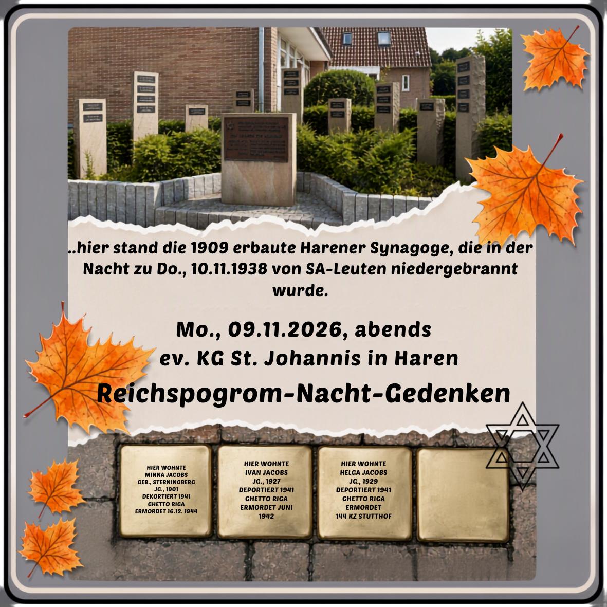 Mo., 09.11.2026, abends Reichs-Pogrom-Nacht Gedenken ev. KG St. Johannis Haren