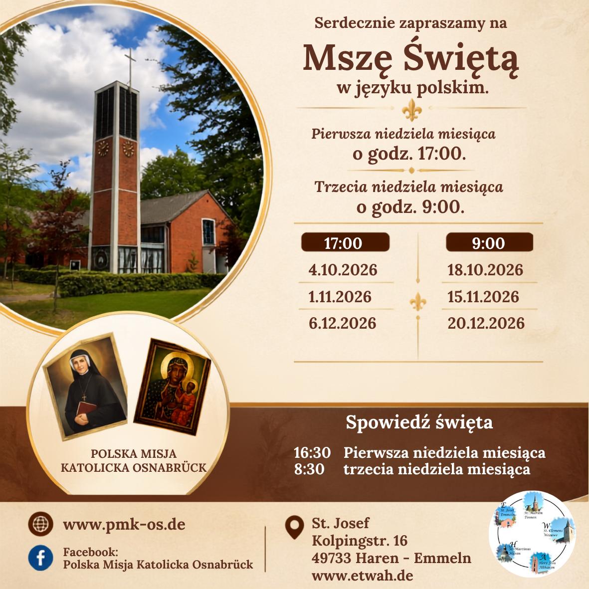 So., 18.10.2026, 9 Uhr hl. Messe in polnischer Sprache in St. Josef, Emmeln