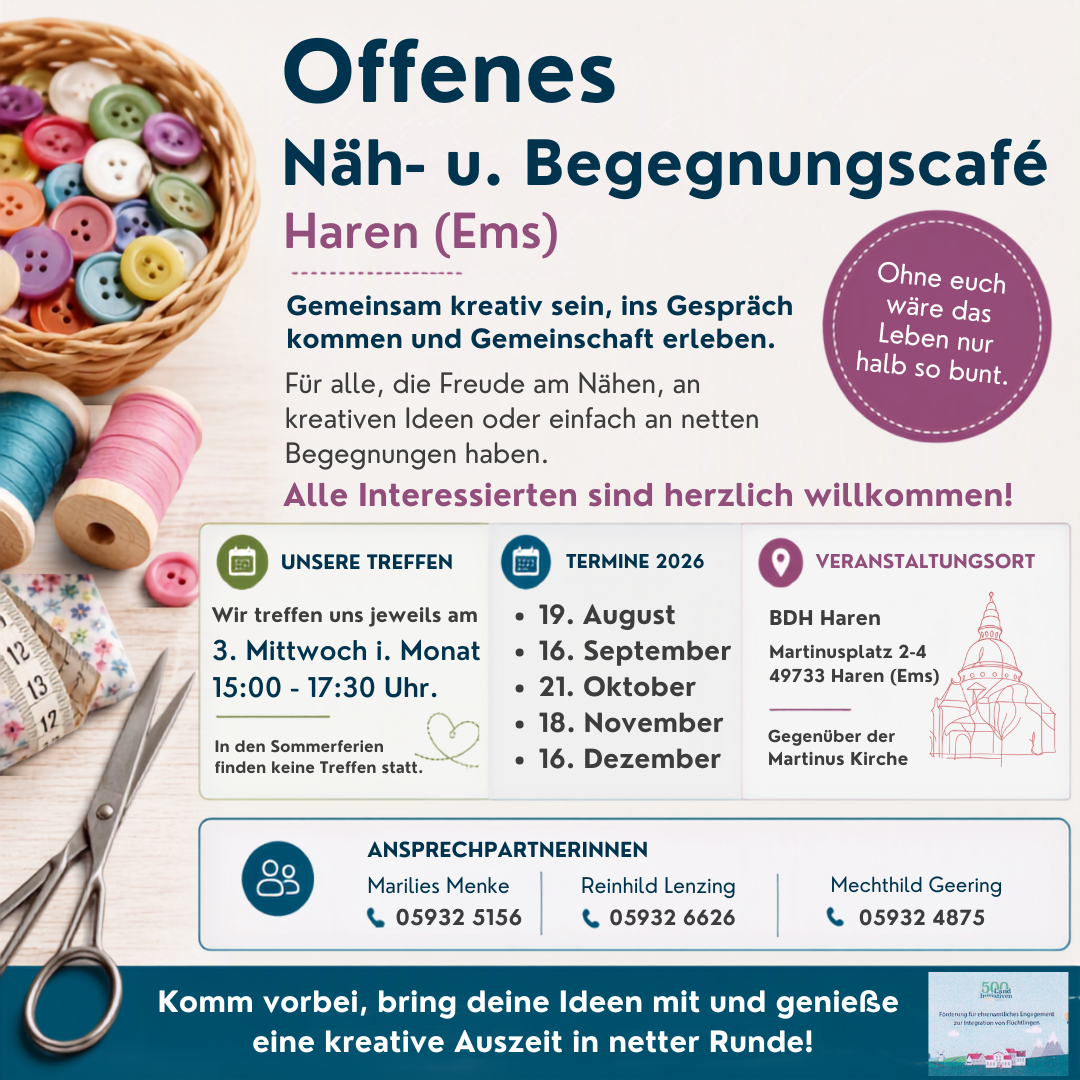 Mi., 21.10.2026, ab 15 Uhr Offenes Näh- und Begegnungscafé im BDH
