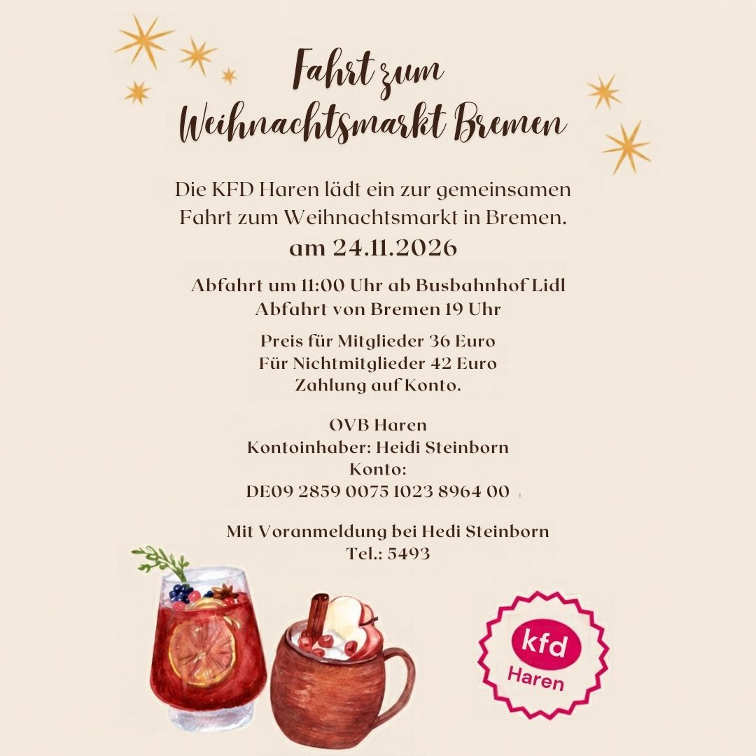 Di., 24.11.2026, 11 Fahrt der kfd Haren zum Weihnachtsmarkt nach Bremen